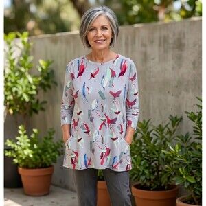 LOGO Lori Goldstein Tunic Top Womens L Feathers All Over Print Jersey Knit